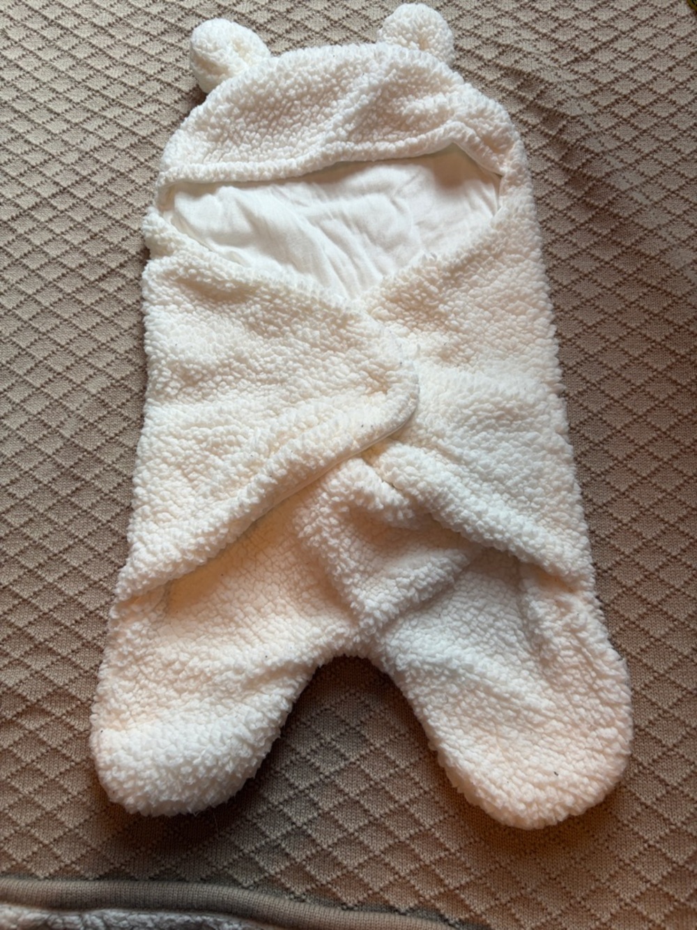 Cozy White Sherpa Baby Wrap with Bear Ears
